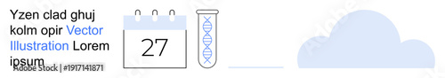 Scientific research, data storage, cloud computing, laboratory scheduling, biotechnology, DNA records. A calendar, DNA test tube and cloud icon. Scientific research and data storage concept