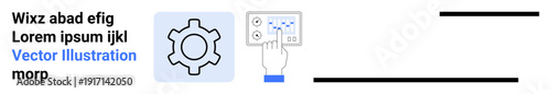 Gear symbol alongside a hand tapping a digital settings panel, representing customization and system setup. Ideal for technology, process optimization, digital tools, automation, workflow, interface