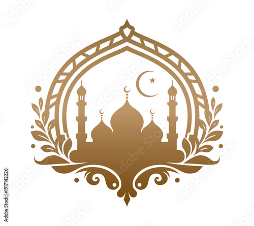 Elegant silhouette of a mosque with crescent moon and star within an ornate arch frame decorated with leaves