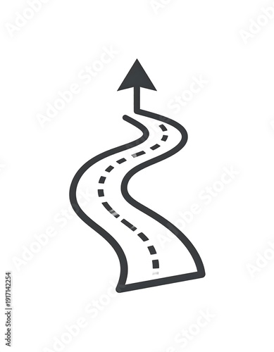 A winding road with an upward-pointing arrow