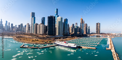 Aerial View of Chicago Skyline and Frozen Lake Michigan Harbor in Winter on Sunday 16 2026 