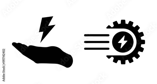 Electricity generation power energy concept hand holding lightning to gear mechanism concept design