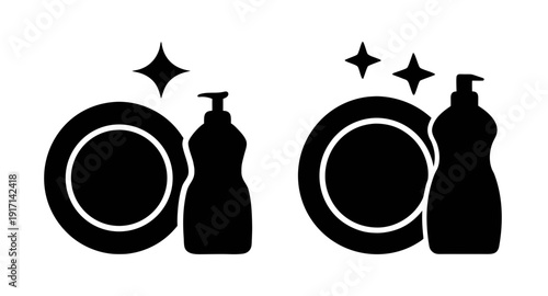 Cleaning dishes and washing up liquid vector art for kitchen hygiene and household chores concept