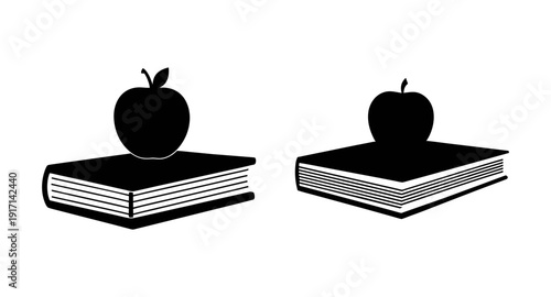 Black and white illustration of books and apples for back to school education concept art