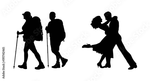 Silhouette hiking trekking backpacking adventure and romantic dancing couple black and white vector art