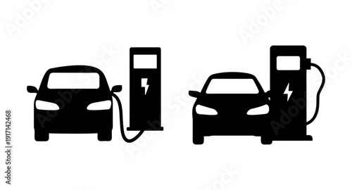 Electric vehicle ev charging station plug in car renewable energy transportation illustration black and white