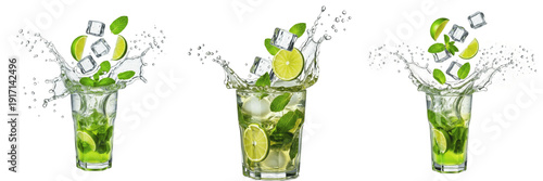 Photos Mojito splash isolated on white background, rum mint cocktail liquid droplets, m