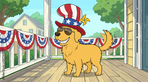 A Patriotic Golden Retriever Dog Wearing Sunglasses and a Festive Hat