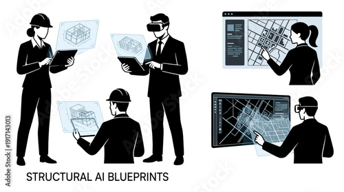 Structural AI blueprints showing professionals reviewing plans with modern technology. The image is an illustration of architectural designs, with individuals using technology to inspect blueprints