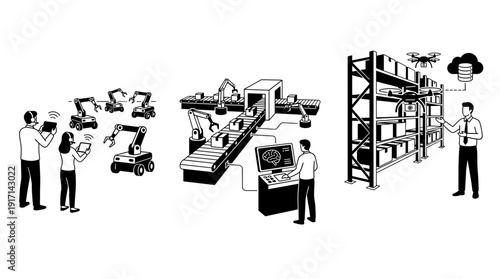 Automation scene featuring individuals interacting with technology, from controlling robots to managing data flow. Demonstrating futuristic industrial processes