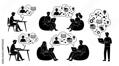 People using laptops engaged in online learning and collaborative study sessions, represented through thought bubbles