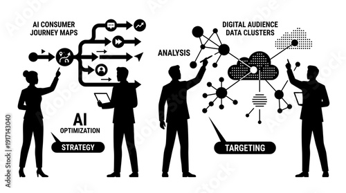 A graphic depiction of the digital world, people working with AI optimization