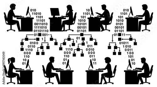 Depicting coding tasks being performed by several individuals, accompanied by binary data diagrams. This illustration shows a visual representation of the complexity and intricacy of coding processes.