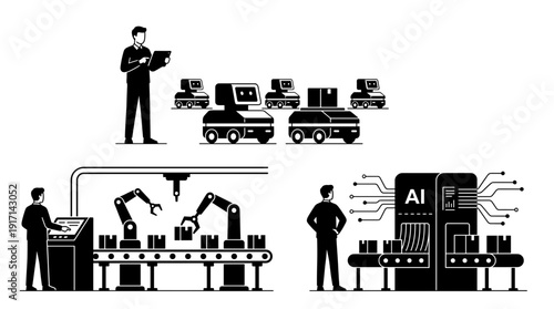 Smart factory with people and robots working together. Automation, efficiency and artificial intelligence (AI) concept