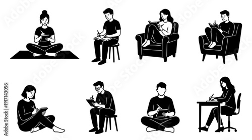 People engaged in drawing or writing, showcasing diverse postures and actions.