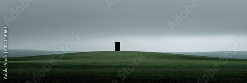 endless grassy plain with one thin black monolith, overcast soft light