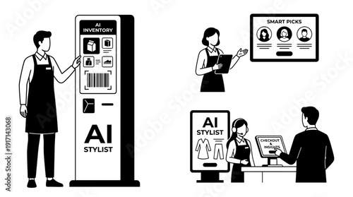 AI stylist retail illustration, innovative shopping experience with AI assistance