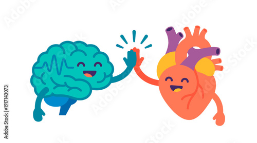 Illustration of Brain and Heart giving a high-five. Showcasing the harmonious collaboration between intellect and emotion