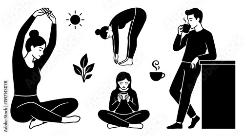 A collection of silhouettes shows various wellness activities, including yoga, relaxation, and coffee enjoyment. Each figure is gracefully positioned, embodying the essence of a balanced lifestyle