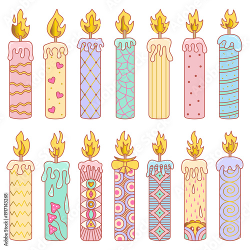 Colorful long candles with abstract geometric and psychedelic patterns. Various color high candles with melted wax and flame. Big sign vector set. Cozy candlelight atmosphere cliparts