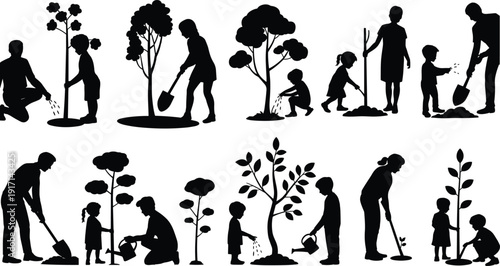 Family tree planting and watering silhouettes vector set, parents and children gardening together, environmental conservation concept, reforestation awareness, sustainable lifestyle