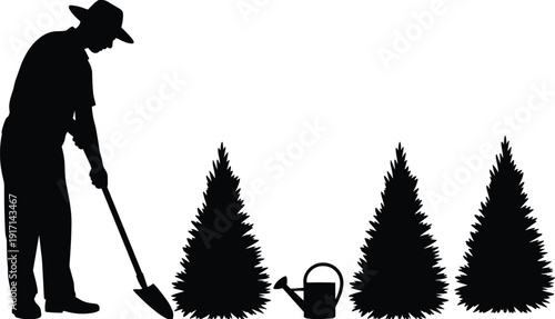 Farmer planting evergreen trees silhouette vector illustration, man with shovel and watering can, forestry gardening activity, environmental conservation, reforestation concept