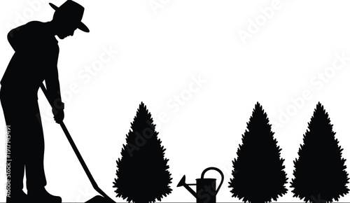 Farmer planting pine trees silhouette vector illustration, man digging soil with shovel and watering can, forestry gardening activity, environmental sustainability concept