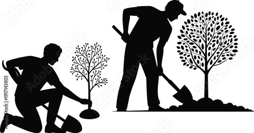 Father and son planting trees silhouette vector illustration, family gardening activity, environmental conservation concept, reforestation awareness, sustainable living, nature protection design