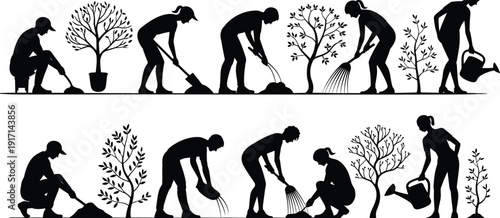Gardening people silhouette vector illustration set, men and women planting trees, digging soil, raking leaves, watering plants, environmental sustainability concept