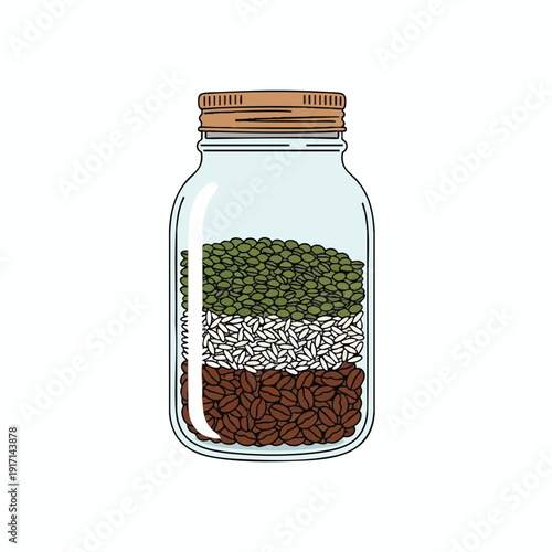 Glass Jar Filled with Layers of Coffee Beans Rice and Green Tea Leaves for Storage and Organization