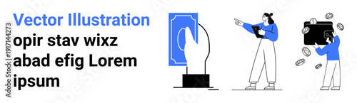 Hand interacting with smartphone, woman holding tablet pointing, man managing cash and coins. Ideal for fintech, money management, digital business, marketing, e-commerce, finance simple landing