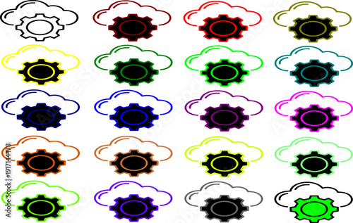Cloud computing settings icons featuring cloud outline and central gear representing remote server management and online synchronization in multiple colors