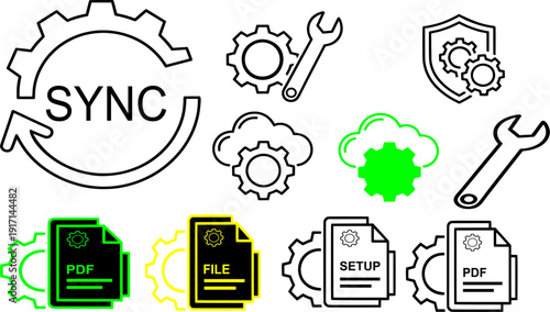 Set of computer setting icons featuring gear symbols cloud backup protection shield and document file formats for software configuration and sync management