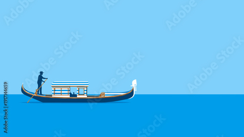 Traditional Venetian Gondola and Gondolier on Blue Water Italy Travel Illustration