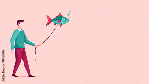 Man Walking with Leashed Fish as an Unusual Pet Concept Illustration