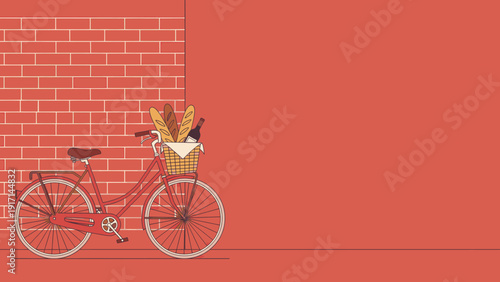 Red Bicycle with Baguettes and Wine in Basket Against Brick Wall Line Art Illustration