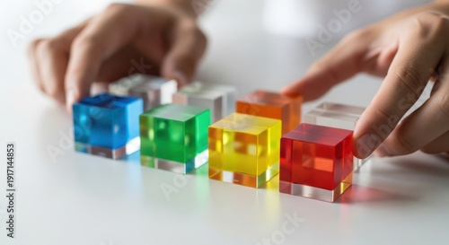 Strategic planning cubes positioned manually with shallow depth of field and elegant softly blurred modern white background.