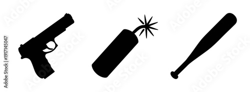 Illustration of weapons including gun dynamite and baseball bat for criminal activity and violence