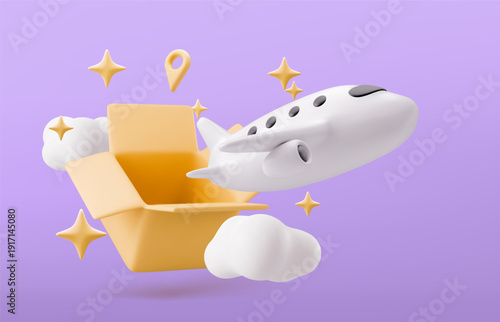 Cargo delivery services for airplane flights. 3D cartoon vector banner design. Order delivery. White commercial jet carrying a box of parcels.