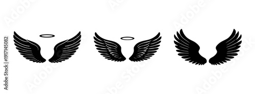 Angel wings vector illustration set of feathered wings with halo for tattoo design and art print