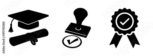 Graduation achievement vector: diploma, mortarboard, stamp of approval and award certificate