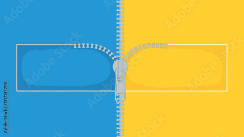 Zipper Cross Splitting Blue and Yellow Background with Rectangular Frames Flat Vector Illustration