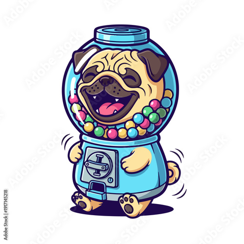 Cute cartoon pug inside a colorful gumball machine