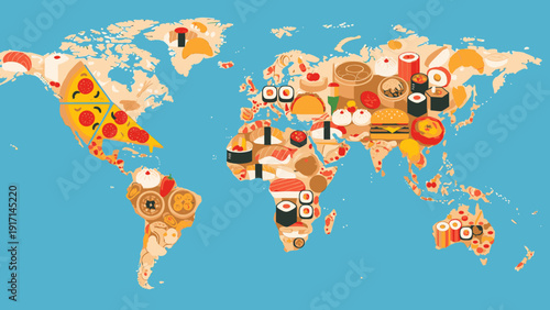 Colorful World Map Illustration Representing Global Cuisine and International Food Diversity