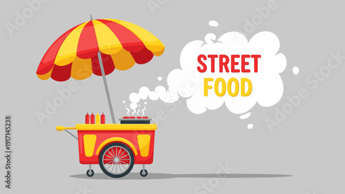 Colorful Street Food Cart with Striped Umbrella and Grilling Skewers Vector Illustration