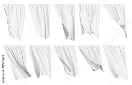 White fluttering curtain set. Vector realistic illustration isolated on white background.