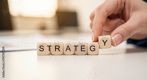 Strategic planning wooden cubes being organized by hand with professional macro focus and soft environmental background blur.