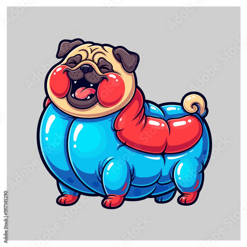 Cute cartoon pug in colorful puffer jacket on gray background