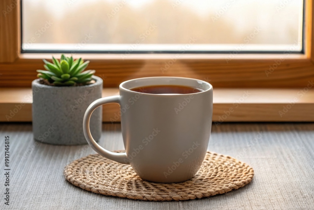 Obraz premium A warm, steaming mug of coffee or tea rests on a rustic coaster by a window, offering comfort and relaxation.