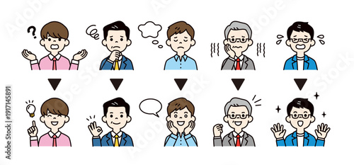 トラブルが解決・解消する様々な年代のビジネスマンの表情 ・ポーズのアイコンイラスト素材セット